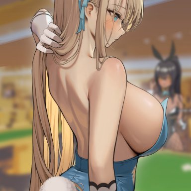 blue archive, asuna (blue archive), karin (blue archive), dongji, 2girls, ass, back, back view, backless outfit, black hair, black leotard, blonde hair, blue eyes, blue leotard, blush