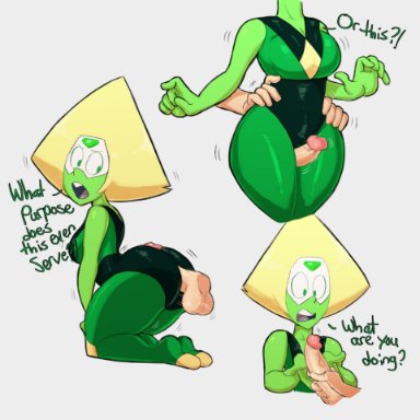 cartoon network, steven universe, peridot (steven universe), guillion (toshkarts), 1girls, buttjob, covered buttjob, disembodied penis, female, thick thighs, wide hips, dialogue