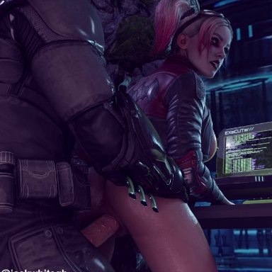 batman (series), harley quinn (series), batman, harley quinn, jackwhitegb, rigid3d, timpossible, 1boy, 1boy1girl, 1girls, against desk, anus, ass, bent over, bottomless