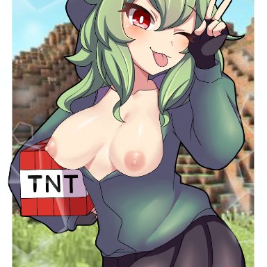 minecraft, mob talker, creeper, creeper girl, vector (dmlddmld00), 1girls, areolae, big breasts, black skirt, breasts, breasts out, clothed, creeper chan, female, female focus