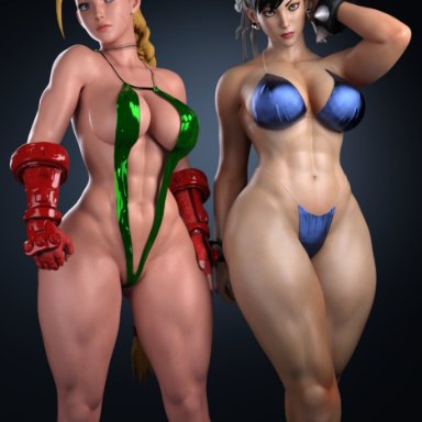 capcom, street fighter, street fighter v, cammy white, chun-li, duo (artist), hagiwara studio, 2girls, big breasts, bikini, sling bikini, swimsuit, thick thighs, 3d