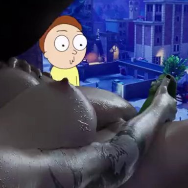 fortnite, rick and morty, charlotte (fortnite), morty smith, pickle rick, nappana, 1girls, big breasts, funny, masturbation, nipples, nude, pickle, 3d, animated