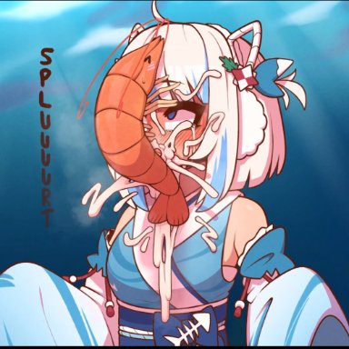 hololive, hololive english, gawr gura, shinki (artist), 1boy, blue eyes, blue hair, blush, crustacean, cum, cum in mouth, deepthroat, ebi-chan (gawr gura), fellatio, female