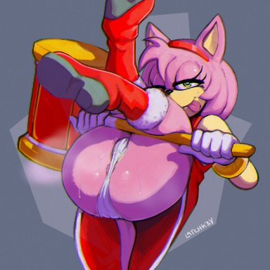 sega, sonic (series), sonic the hedgehog (series), amy rose, latchk3y, 5 fingers, accessory, anthro, anus, anus peek, ass, barely visible anus, bedroom eyes, black nose, bodily fluids