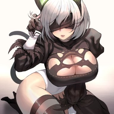 nier, nier: automata, yorha 2b, carcass (artist), 1girls, alternate breast size, android, android girl, animal ears, black blindfold, blindfold, breasts, busty, cat ears, cleavage