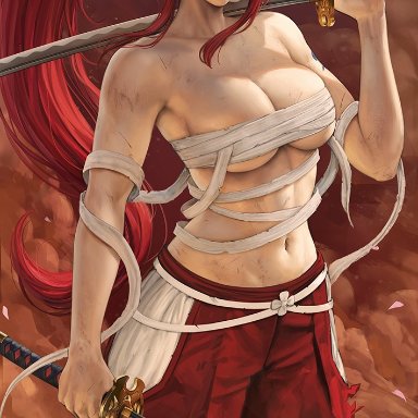 fairy tail, erza scarlet, sciamano240, 1girls, bare arms, bare midriff, bare shoulders, bare skin, big breasts, breasts, busty, cleavage, dirt, dual wielding, female