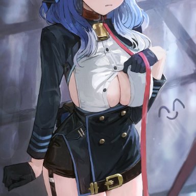 blue archive, ako (blue archive), sonchi, 1girls, angry, big breasts, blue eyes, blue hair, boob window, breasts, breasts out, buttons, cleavage, clothing, collar