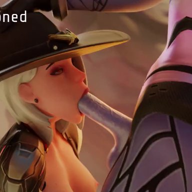 overwatch, ashe (overwatch), widowmaker, bandoned, 1futa, 1girls, balls, big penis, deepthroat, erection, fellatio, female, futa on female, futanari, oral