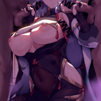 genshin impact, shenhe (genshin impact), kurowa, 3boys, armpit sex, bangs, black bodysuit, black gloves, blue eyes, blush, bodysuit, braid, braided ponytail, breasts, breasts out