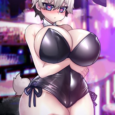 uzaki-chan wa asobitai!, uzaki hana, osiimi, 1girl, big breasts, big thighs, black legwear, blue eyes, blush, breasts, bunny ears, bunny girl, bunny tail, bunnysuit, busty