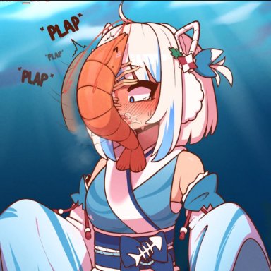 hololive, gawr gura, shinki (artist), blue eyes, blue hair, blush, crustacean, deepthroat, englishrn, fellatio, female, huge cock, irrumatio, japanese clothes, kimono