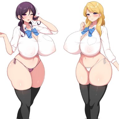 haikome, 2girls, blonde hair, breasts bigger than head, cleavage, g-string, heart, huge breasts, purple hair, thick ass, thick thighs, thighhighs, waifu2x, tagme
