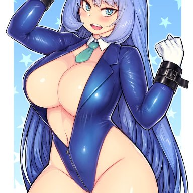 my hero academia, nejire hado, saltydanshark, 1girls, blue eyes, blue hair, bodysuit, breasts, cleavage, female, female only, hat, highleg, hips, huge breasts