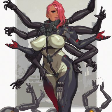 metal gear, metal gear (series), metal gear rising, metal gear rising: revengeance, mistral (metal gear rising), rizdraws, 1girls, asymmetrical hair, bodysuit, breasts, cyborg, dark-skinned female, dark skin, erect nipples, erect nipples under clothes