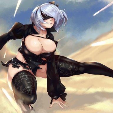 nier: automata, yorha 2b, nox (artist), noxcuro, 1girls, alternate breast size, android, big breasts, black legwear, blindfold, breasts, busty, cleavage, curvaceous, curvy