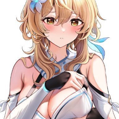 genshin impact, lumine (genshin impact), sak (lemondisk), 1girls, bangs, bare shoulders, big breasts, blonde hair, blush, breasts, cleavage, detached sleeves, dress, feather hair ornament, female