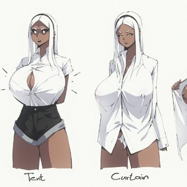 stella (flou), flou, black hairband, black sclera, breasts, bursting breasts, dark-skinned female, dark skin, hairband, huge breasts, large breasts, long hair, long white hair, pubic hair, shirt