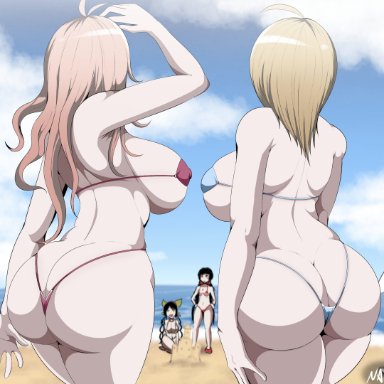 danganronpa, danganronpa v3, akamatsu kaede, chabashira tenko, harukawa maki, iruma miu, yonaga angie, yumeno himiko, naver, 6girls, ass focus, backview, beach, bubble ass, bubble butt