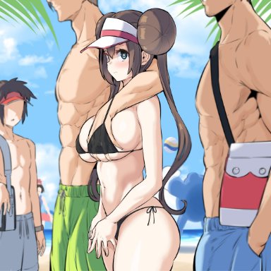 nintendo, pokemon, pokemon bw2, nate (pokemon), rosa (pokemon), kook, 1girls, 3boys, abs, beach, bikini, black bikini, blue eyes, blush, breast grab