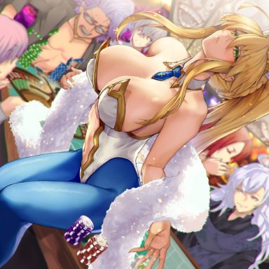 fate/grand order, fate (series), artoria pendragon, artoria pendragon (lancer), lancelot (fate), mash kyrielight, merlin (fate), tristan (fate), satou daiji, 1girls, ahoge, blonde hair, blue tights, breasts, bunny ears