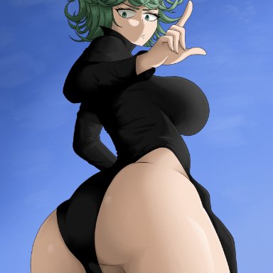 one-punch man, tatsumaki, woomler, 1girls, angry, ass, ass focus, big ass, breasts, female, green eyes, green hair, looking at viewer, pussy, short hair