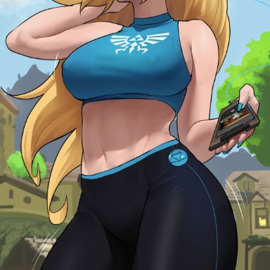 breath of the wild, nintendo, the legend of zelda, princess zelda, zelda (breath of the wild), echosaber, 1girls, blonde hair, breasts, female, headphones, hips, huge breasts, hylian, listening to music