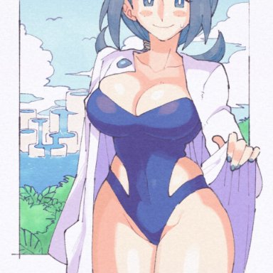 pokemon, lana's mother (pokemon), inkuusan, 1girls, bare thighs, big breasts, blue eyes, blue hair, blue nails, cosplay, milf, one-piece swimsuit, solo, solo female, thick thighs