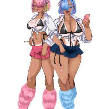 ram (re:zero), rem (re:zero), bwunnymom, 2girls, bikini top, bimbo, blue eyes, blue hair, breast size difference, breasts, eyeshadow, female, female only, gyaru, hair over one eye