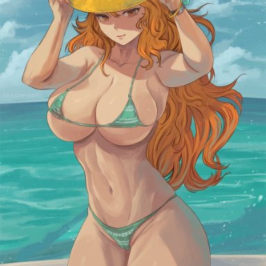 one piece, nami, arachnart, 1girls, bikini, breasts, brown eyes, female, female only, hat, hips, holding object, huge breasts, long hair, looking at viewer