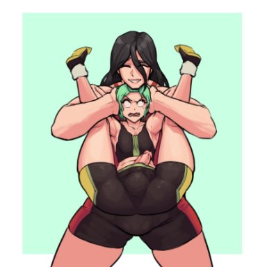 original, milo (bodyattk), original character, trixie (bodyattk), boxman, 1boy, 1futa, balls, bike shorts, black hair, clothed, clothing, duo, erection, father and daughter