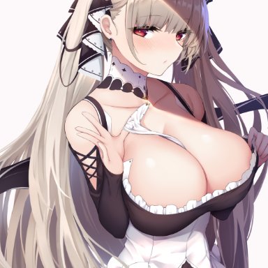 azur lane, formidable (azur lane), nakatama kyou, 1girls, bangs, bare shoulders, between breasts, big breasts, black dress, breasts, cleavage, dress, female, frilled dress, frills