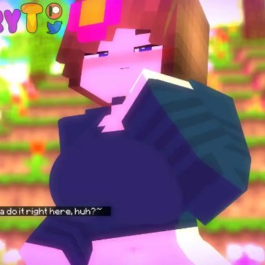 minecraft, jenny belle, melinajbt, slipperyt, 1futa, 1girl, 1girl1futa, big areola, big breasts, big penis, blue eyes, blurry background, blush, breast expansion, brown hair