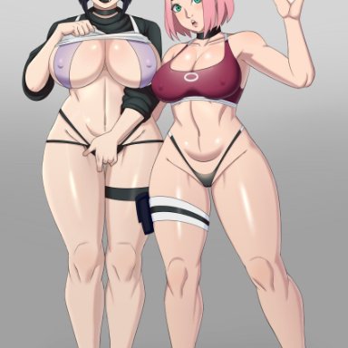 boruto: naruto next generations, naruto, naruto (series), hyuuga hinata, sakura haruno, donchibi, 2girls, big breasts, breasts, choker, curvy, dark hair, female, female only, fingering