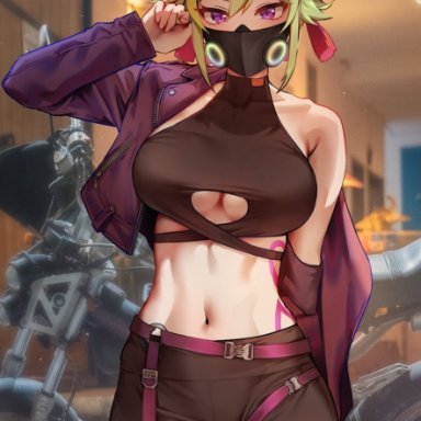 genshin impact, kuki shinobu, foxyrain, foxyreine, 1girls, blurry background, body markings, breasts, female, female only, green hair, hips, indoors, large breasts, looking at viewer