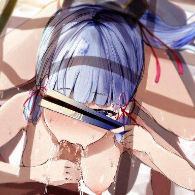 genshin impact, kamisato ayaka, noe 8ban, :&gt;=, bangs, blue eyes, blue hair, blunt bangs, blush, breasts, erection, eyebrows visible through hair, fellatio, female, from above