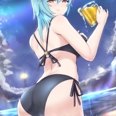 genshin impact, eula (genshin impact), kaos art, 1girls, alchohol, ass, beer, bikini, black bikini, blue hair, blush, breasts, drunk, female, female only