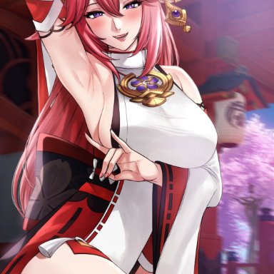 genshin impact, yae miko, xtermination, 1girls, arm under breasts, arm up, armpit, bangs, bare arms, bare shoulders, bare thighs, big breasts, breasts, busty, clothed