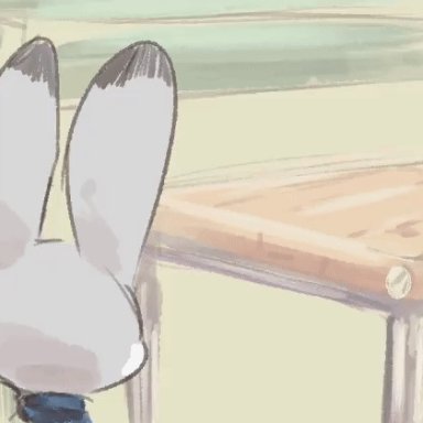 disney, zootopia, judy hopps, kiseff, anthro, ass, big ass, big butt, bottomwear, breasts, chair, climbing, clothed, clothing, desk