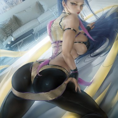 king of fighters, snk, luong, rain wzq, 1girls, ass, beauty mark, bending over, blue hair, breasts, female, female only, hips, huge ass, huge breasts