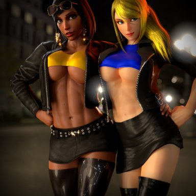 metroid, overwatch, pharah, samus aran, adeptusinfinitus, abs, big breasts, black hair, blonde hair, dark skin, egyptian, fit, latex, leather jacket, miniskirt