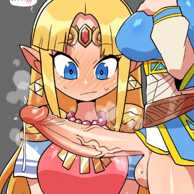 a link between worlds, breath of the wild, breath of the wild 2, nintendo, the legend of zelda, princess zelda, zelda (a link between worlds), zelda (breath of the wild), crap-man, 1futa, 1girls, bangs, big penis, blonde hair, blush