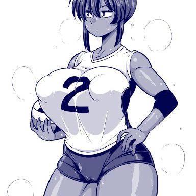 natsuki (amazon), amazon (taitaitaira), big breasts, huge breasts, large breasts, nipple bulge, short hair, solo, sweat, tan skin, thick thighs, tomboy, volleyball