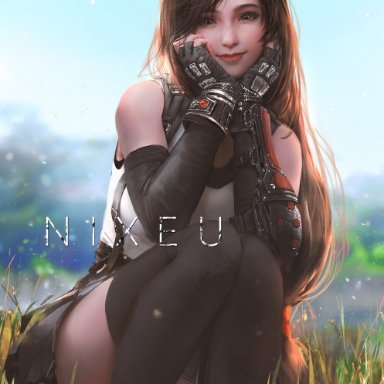 final fantasy, final fantasy vii, final fantasy vii remake, square enix, tifa lockhart, nixeu, 1girls, female, female only, light-skinned female, red eyes, thick thighs, thighhighs, upskirt, wholesome
