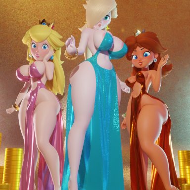 mario (series), nintendo, super mario bros., princess daisy, princess peach, princess rosalina, wyerframez, 3girls, areolae, ass, big ass, big breasts, big butt, big legs, big thighs