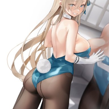 blue archive, asuna (blue archive), preview (preview0), against wall, animal ears, ass, ass focus, back, back view, big ass, big breasts, black legwear, blue eyes, blue leotard, breasts
