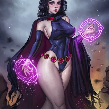 dc comics, teen titans, raven, raven (dc), dravacus, big breasts, dominant female, latex, magic, magical girl, nipples, superheroine