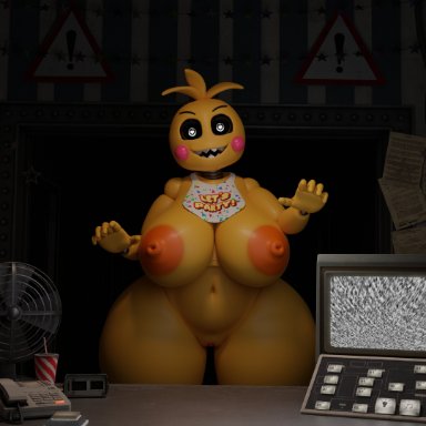 five nights at freddy's, five nights at freddy's 2, toy chica (fnaf), toy chica (love taste), feversfm, heart-shaped pupils, large breasts, looking at viewer, nipples, thick thighs