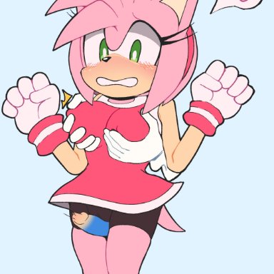 sega, sonic (series), sonic the hedgehog (series), amy rose, senshion, 5 fingers, ?!, accessory, ambiguous species, anthro, anthro focus, anthro on anthro, blue penis, blush, breast grab