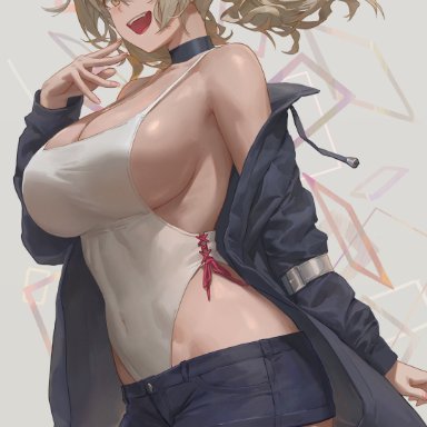 copyright request, character request, free style, yohan1754, 1girls, big breasts, blonde hair, blush, booty shorts, breasts, cleavage, clothed, clothed female, female, female only