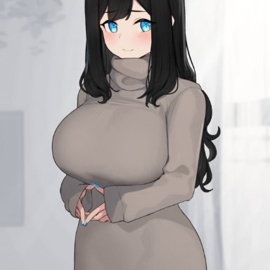 original, blue-eyed girl (hayabusa), hayabusa, 1girls, black hair, blue eyes, blue nails, blush, breasts, brown sweater, clothed, clothing, cute, dress, embarrassed